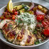 Freshly roasted chicken breast with rosemary sits atop fluffy rice, next to caramelized red bell peppers and zucchini in a bright bowl.