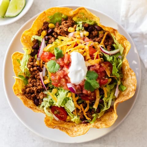 A hearty Taco Salad with seasoned beef, diced avocado, corn, and cherry tomatoes inside a crunchy baked tortilla shell, ready to serve.