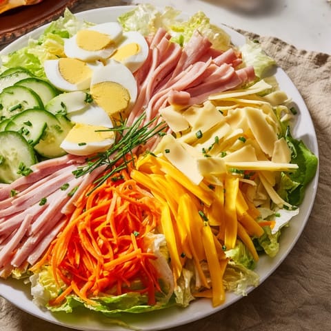 Hearty Chef Salad featuring colorful slices of meat, cheese, and vegetables arranged on crisp greens, ready to serve for a satisfying lunch.  