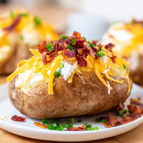 A close-up of a loaded baked potato topped with melted cheddar cheese, crumbled bacon, and fresh chives. 