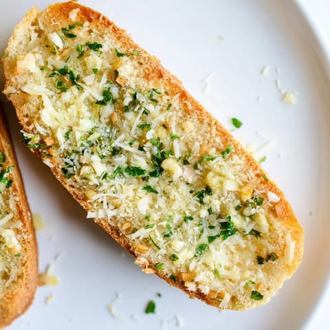 Freshly baked Garlic Bread with melted butter, minced garlic, and parsley, serving as a crunchy side for Italian dinners.