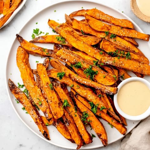 Freshly baked sweet potato fries, lightly salted and served alongside a small bowl of creamy aioli dipping sauce.  