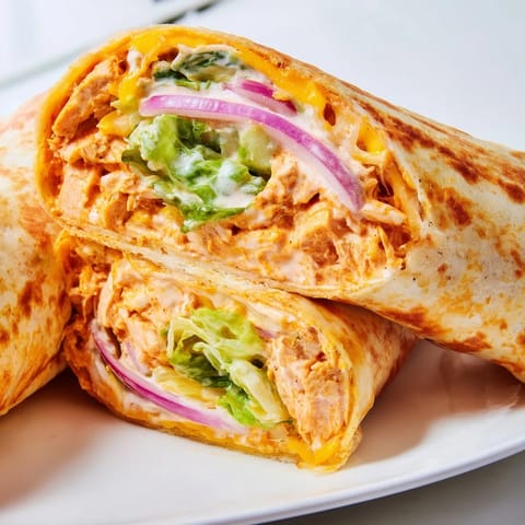 Golden toasted Buffalo Ranch Chicken Wraps served warm with red onion and extra sauce for dipping.  