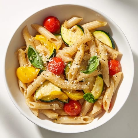 Garden Veggie Pasta with zucchini, yellow squash, and halved cherry tomatoes glistening with olive oil and fresh basil.