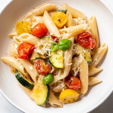 A bowl of Garden Veggie Pasta tossed with sautéed vegetables, garlic, and Parmesan, served with lemon zest.
