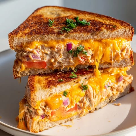 Golden, crispy sourdough slices stuffed with spicy tuna melt, oozing melted cheddar and optional tomato slices on a rustic plate.  