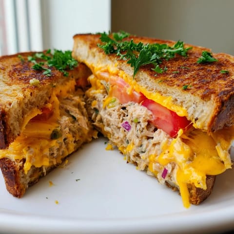 A close-up of a toasted Spicy Tuna Melt sandwich cut in half, revealing the zesty tuna salad and gooey cheese filling.  