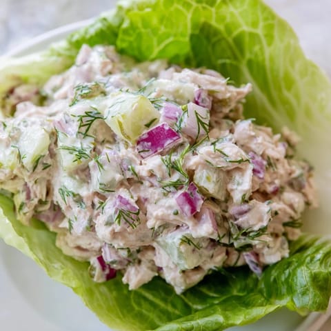 Dill Pickle Chicken Salad Lettuce Cups, a light and flavorful low-carb main dish ready in minutes.