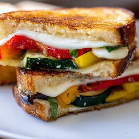 Golden-brown roasted veggie Caprese grilled cheese, with melted mozzarella and fresh tomatoes peeking out from crispy sourdough.  