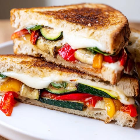A close-up of a roasted veggie Caprese grilled cheese, featuring melted mozzarella and vibrant roasted peppers.  