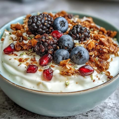 Creamy probiotic yogurt in a Yogurt Bowl with Winter Berries and Spiced Crunch, topped with warm cinnamon-spiced oat granola and vibrant pomegranate seeds. 