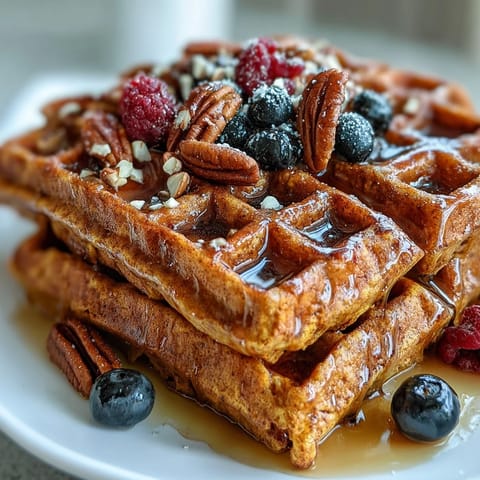 Warm, golden Anti-Inflammatory Adaptogenic Turmeric Waffles topped with creamy yogurt and sliced banana.
