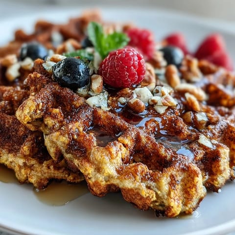 Golden, fluffy Anti-Inflammatory Adaptogenic Turmeric Waffles with fresh berries and a maple drizzle.