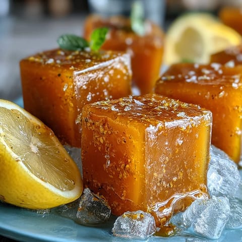 Golden lemon ginger turmeric wellness cubes glisten in an ice tray, glowing with vibrant yellow-orange hues.