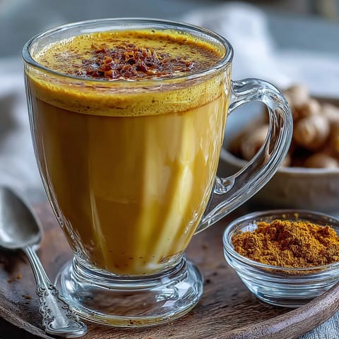 A steaming mug of golden milk, infused with turmeric and ginger, sits beside a honey dipper and cinnamon stick.