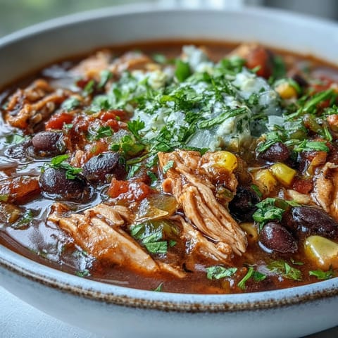 A close-up of Southwestern Turkey Soup in a rustic bowl, with tender turkey, black beans, and corn in a rich, tomato-based broth garnished with fresh cilantro.  