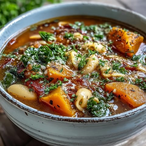 A hearty bowl of Winter Minestrone Soup with Butternut Squash and Kale, served with crusty bread for dipping.
