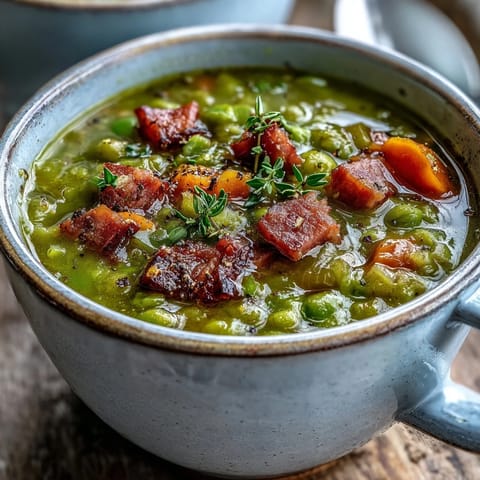 Creamy Split Pea and Ham Soup simmered with carrots and fresh thyme.