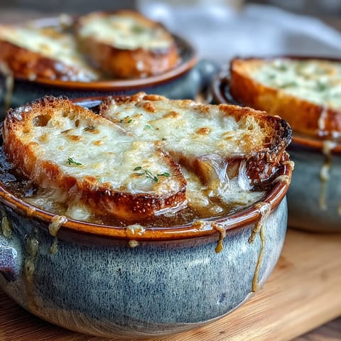 A close-up view of French onion soup in a rustic Dutch oven, with melted cheese stretching from a toasted bread topping.