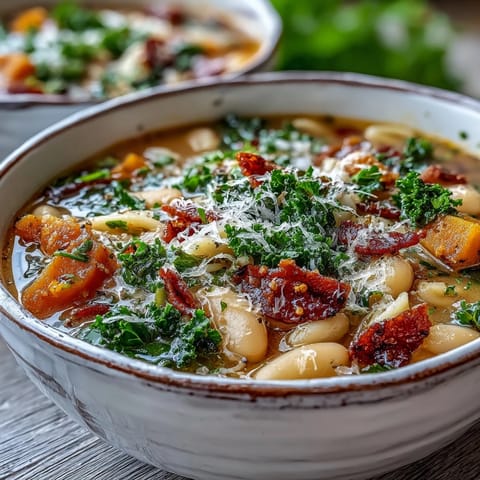 Serving of Fall Minestrone soup featuring ditalini pasta, savory pancetta, and fresh parsley, paired with crusty bread on the side.  