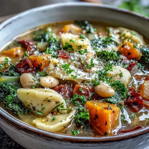 Winter Minestrone Soup simmers in a large pot with kale, butternut squash, and beans.