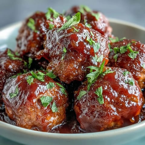 Tender beef meatballs glazed in a sweet apricot sauce, served hot from the crock pot on a platter.