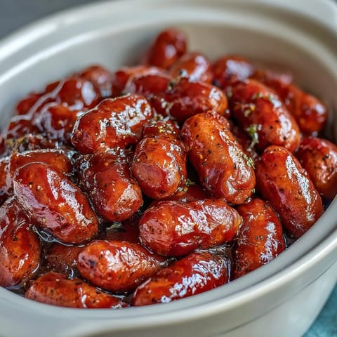 Mini smoked sausages glazed in sweet and tangy barbecue sauce served from a slow cooker.