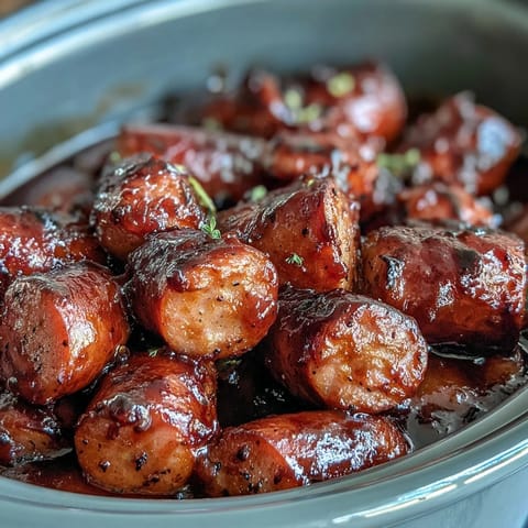 Crock Pot BBQ Cocktail Sausage simmering in a sticky apricot glaze inside a slow cooker.