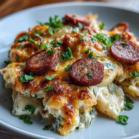 Steamy Crockpot Pierogi Casserole With Kielbasa topped with melted cheddar cheese and fresh chives.