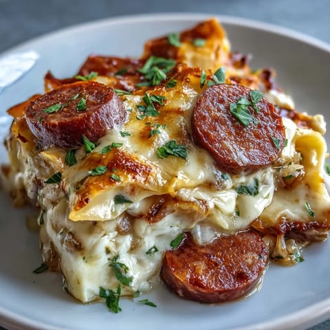 Fork showing cheesy, tender potato pierogi and smoky kielbasa pieces from the casserole.