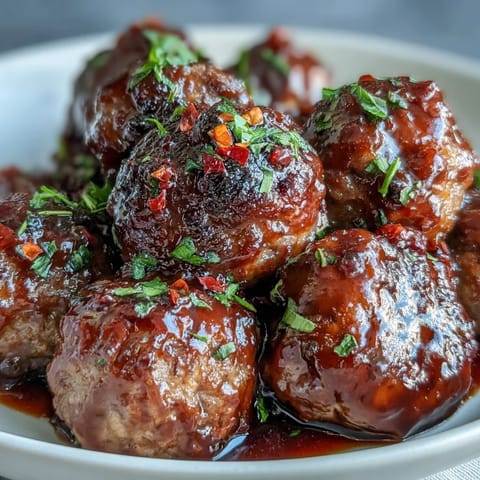 Platter of Slow Cooker Peach Glazed Meatballs garnished with parsley, served as an appetizer with toothpicks on a wooden board.