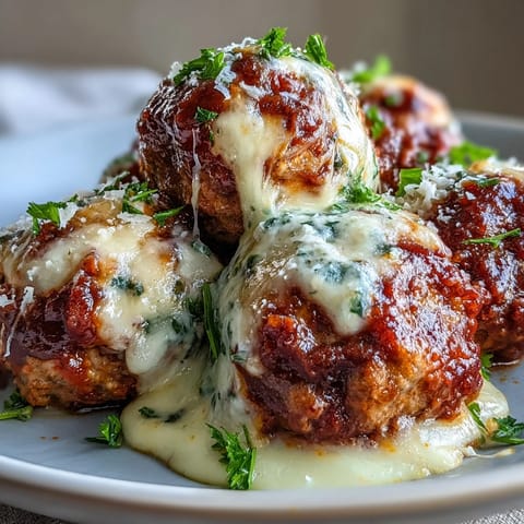Steaming Cheesy, Garlicky Meatballs With Marinara served over spaghetti, featuring melted mozzarella pull and rich red sauce.
