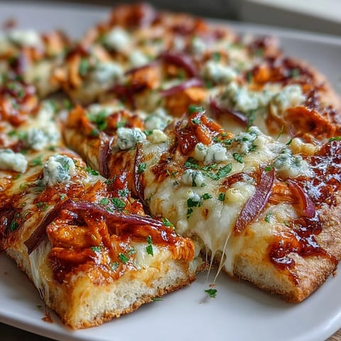 A hot slice of Buffalo Chicken Pizza showcases shredded chicken, red onion, and creamy ranch on a golden-brown crust.