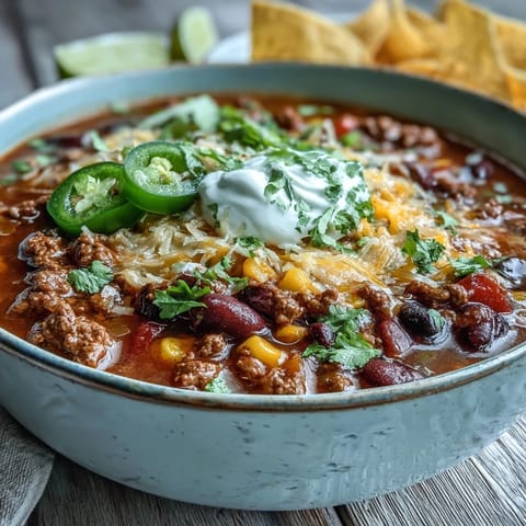 A warm bowl of Taco Soup garnished with jalapeños, tortilla chips, and lime wedges for a zesty finish.