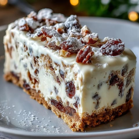 Golden squares of Christmas Cheesecake Slab with whipped cream and powdered sugar dusting on a rustic table.