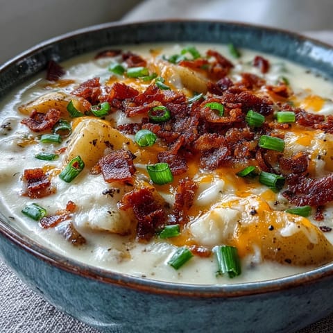 Steaming spoonful of Loaded Potato Soup with creamy cheese texture, ready to serve with warm crusty bread for dipping.