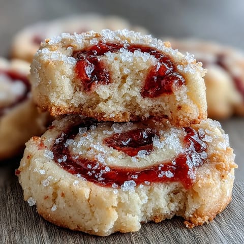 Freshly baked Raspberry Swirl Shortbread Cookies with golden edges and a bright jam center are arranged on a cooling rack.