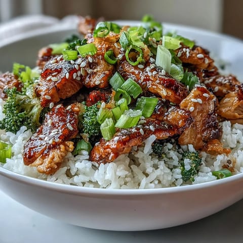 A close-up photo shows golden, tender chicken, vibrant bell peppers, and crisp broccoli florets piled high on fluffy white rice in a ceramic bowl.