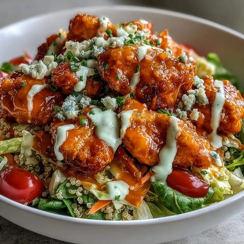 Spicy Buffalo chicken, crisp lettuce, and veggies are layered over rice in this vibrant bowl, topped with creamy ranch and tangy blue cheese crumbles. 