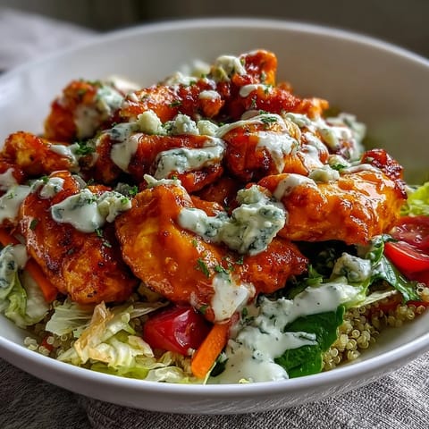 In a white bowl, tender Buffalo Chicken Bowl pieces glisten with sauce beside shredded carrots, cucumber, and cherry tomatoes, ready to be enjoyed. 
