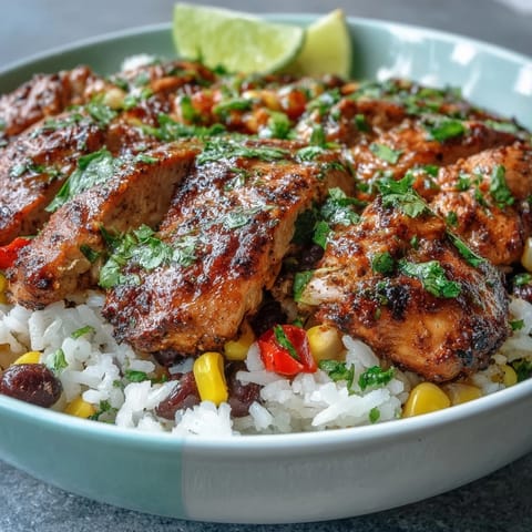 Vibrant Cajun Chicken Bowl with fluffy rice, black beans, and colorful bell peppers, topped with avocado slices and fresh cilantro.
