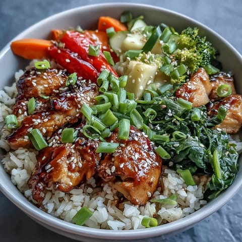 Golden brown Honey Garlic Chicken pieces glazed in sweet sauce sit on fluffy rice with crisp broccoli, red peppers, and sesame seeds in a white bowl.