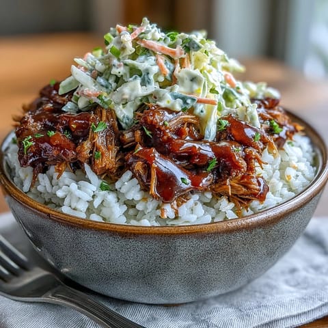 Golden-brown, tender pulled pork piled high on fluffy white rice, topped with crisp, creamy coleslaw and a drizzle of smoky BBQ sauce in a rustic ceramic bowl.