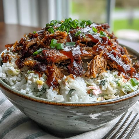 A close-up view of a hearty pulled pork bowl featuring juicy shredded meat, fresh cilantro garnish, and tangy slaw on a bed of steaming grains.