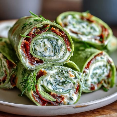 Fresh spinach pinwheel wraps filled with herb cream cheese and crisp veggies, ideal for quick snacks or party platters.  