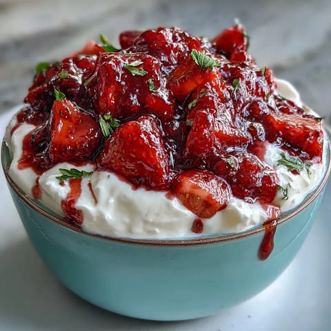 Creamy Greek yogurt topped with homemade strawberry compote and a touch of vanilla.