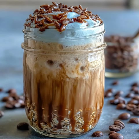 Creamy Vanilla Bean Frappuccino Overnight Oats jar with espresso drizzle and whipped cream topping.