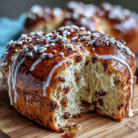 Warm spiced hot cross buns with citrus glaze, studded with dried fruit and drizzled with tangy orange-lemon icing.  