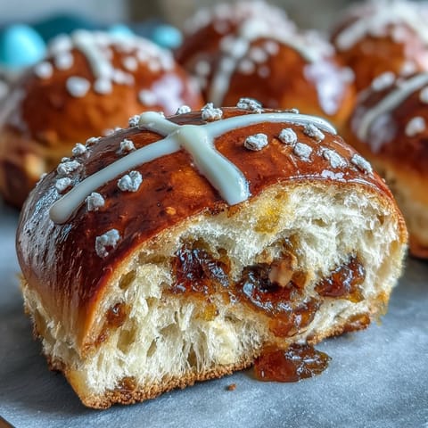 Golden baked hot cross buns with citrus glaze, their signature crosses piped in sweet dough and glistening with zesty topping.  
