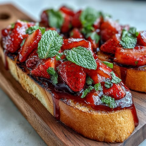 Fresh strawberry bruschetta with balsamic glaze and mint on toasted baguette slices, perfect for summer appetizers or light snacks.  